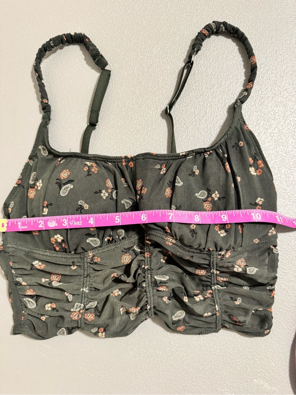 aerie Dark Green Floral Paisley Ruched Crop Tank Bralette XS - Picture 5 of 8